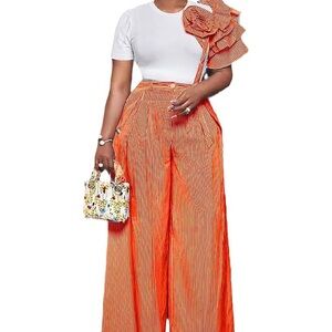 Striped Orange Wide-Leg Jumpsuit w/3D Flower top (Sz L)